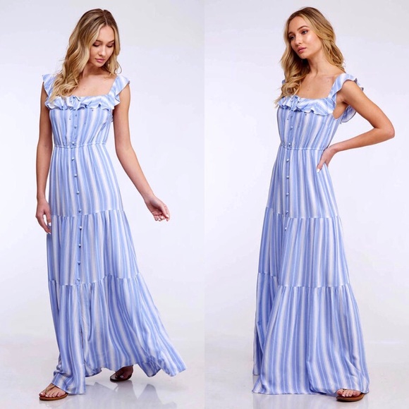 1 L LEFT Blue White Striped Button Down Ruffled Maxi Dress - Picture 7 of 11
